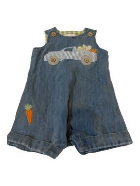 Mud Pie Denim Blue Overalls with Car & Carrot Appliqués